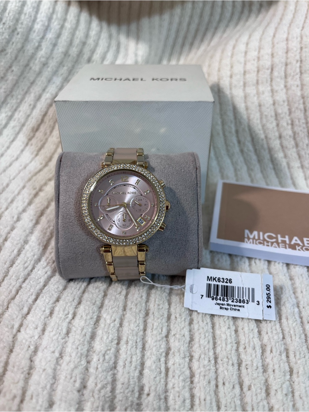 Michael Kors Gold-Tone Watch with Pink Dial and Crystal Bezel